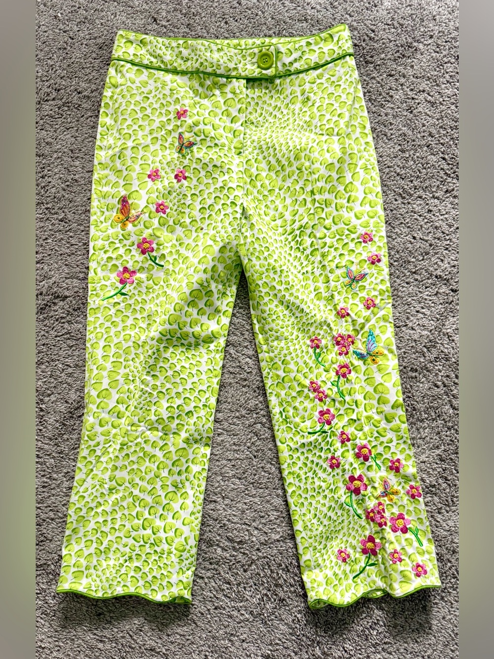 JADE Y2K Lime Leaf Capri Pants w/ Double Scalloped Waist & Hem ( Sz 4)